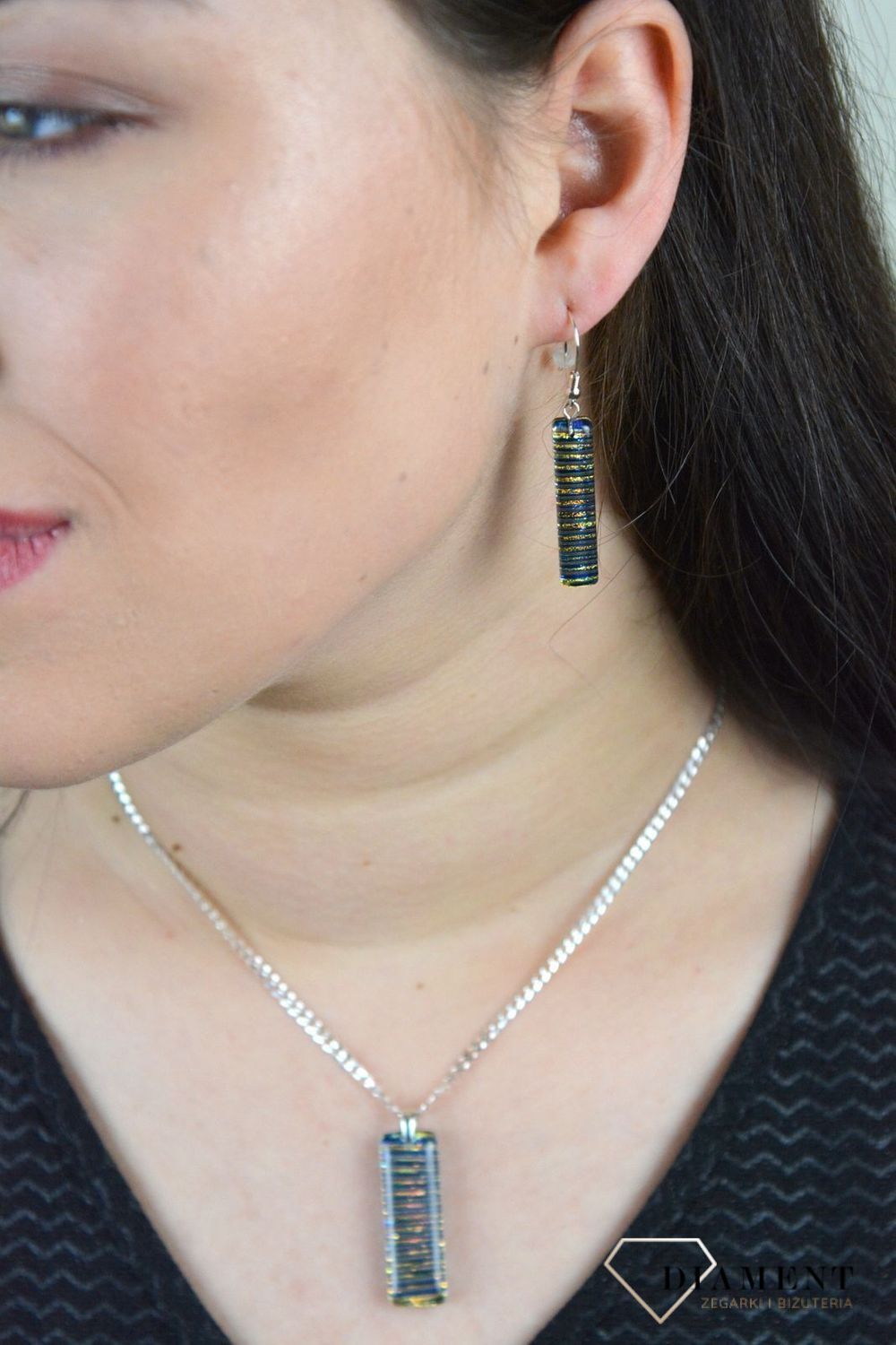 Srebrne kolczyki wiszące szkło weneckie 'Lśniące paski' Murano 54-KOL.jpg